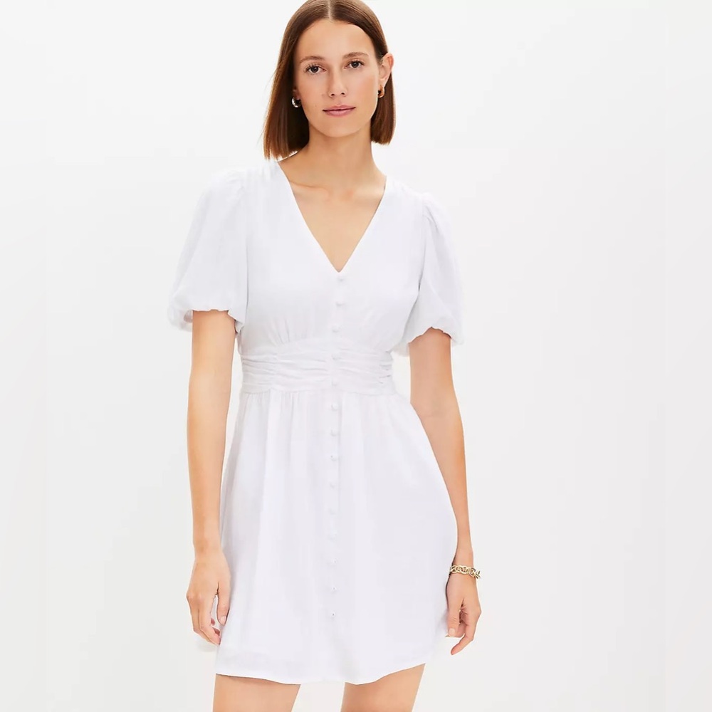LOFT White Puff Sleeve V-Neck Sundress